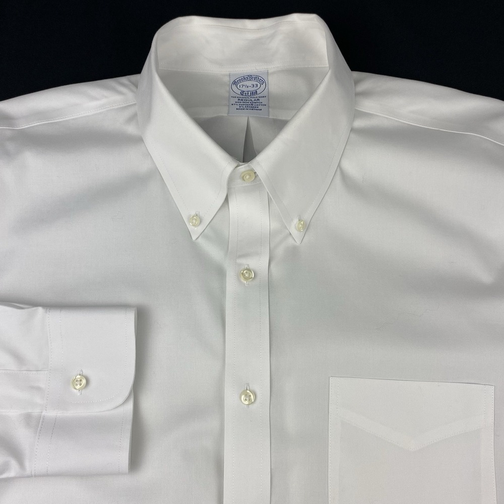Brooks Brothers Dress Shirt Mens 17.5-33 White Regular Fit No Iron Stretch